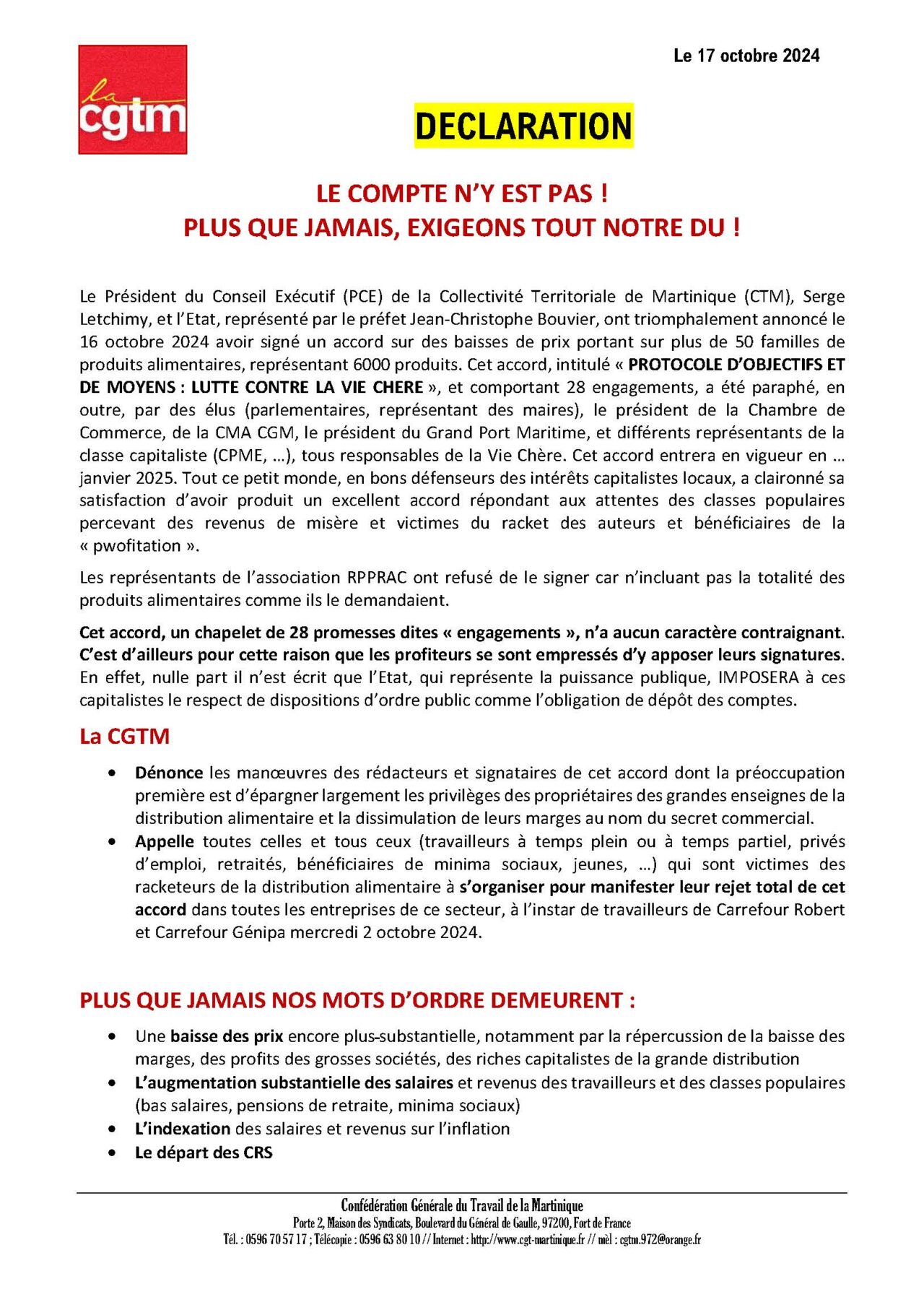Déclaration de la CGTM après 