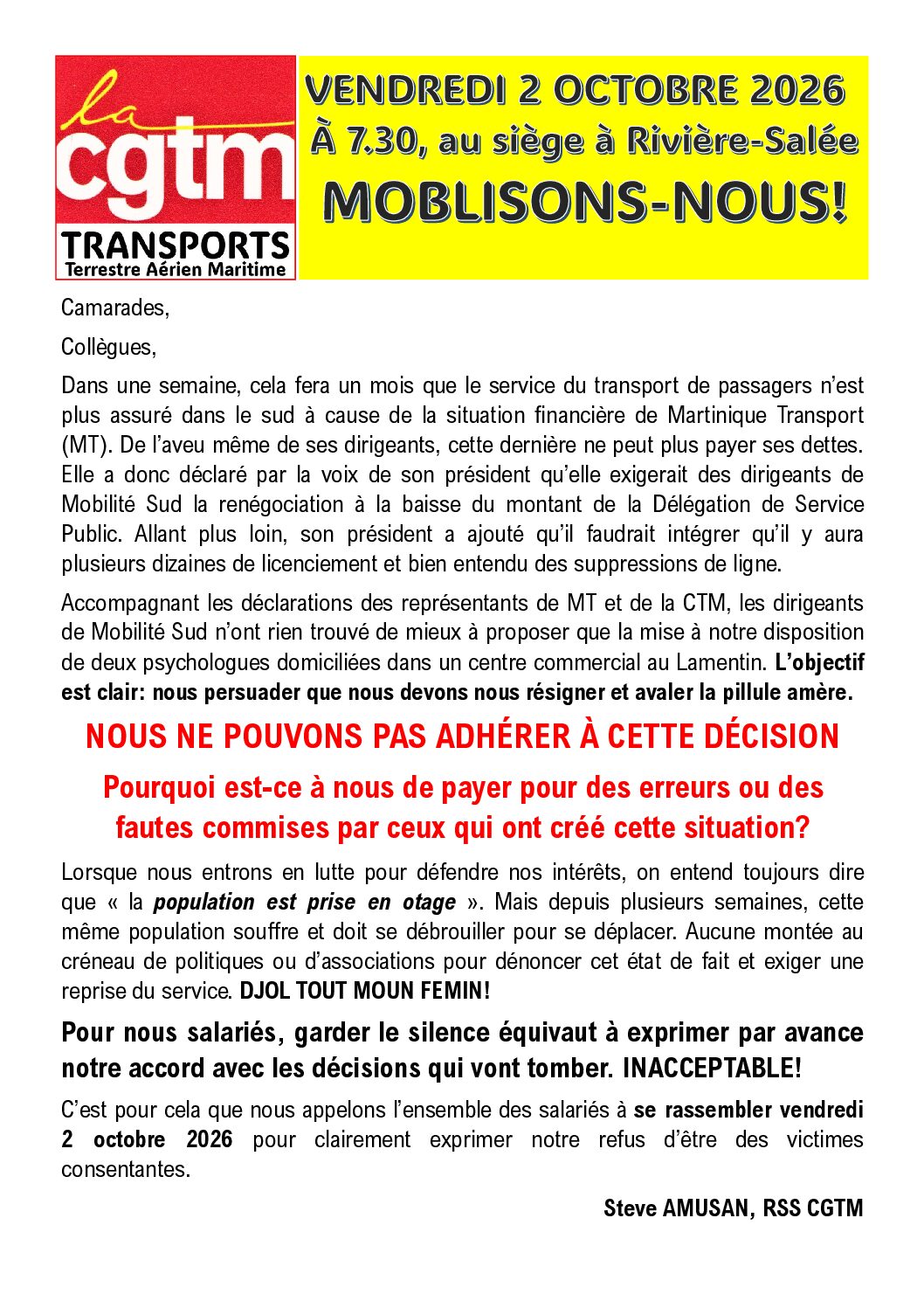 CGTM TRANSPORTS Mobilisons nous VENDREDI 2 OCTOBRE 2026